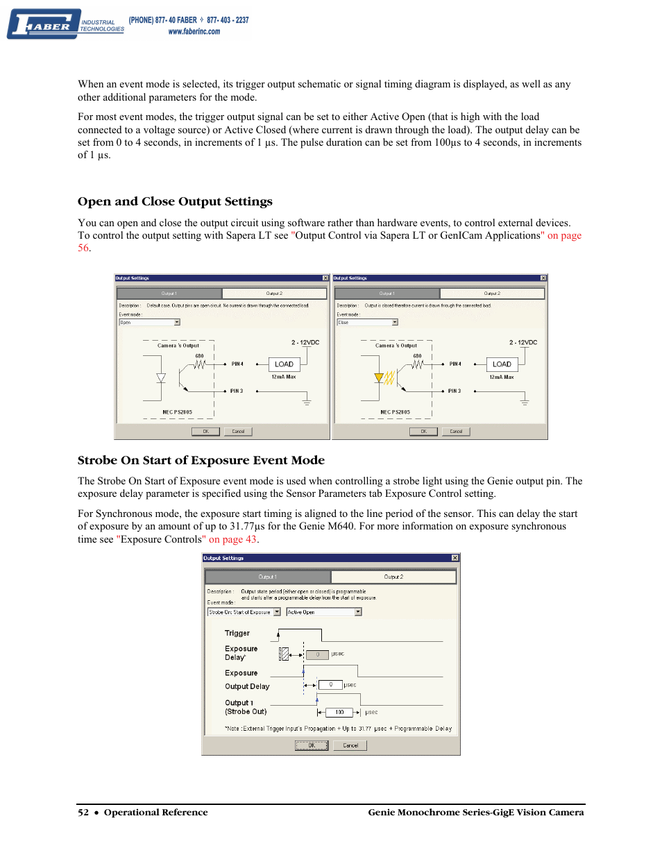 Open and close output settings, Strobe on start of exposure event mode | Faber Genie M1600 User Manual | Page 54 / 127