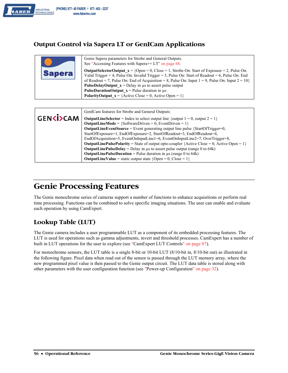 Genie processing features, Lookup table (lut), Sapera | Faber Genie M1600 User Manual | Page 58 / 127