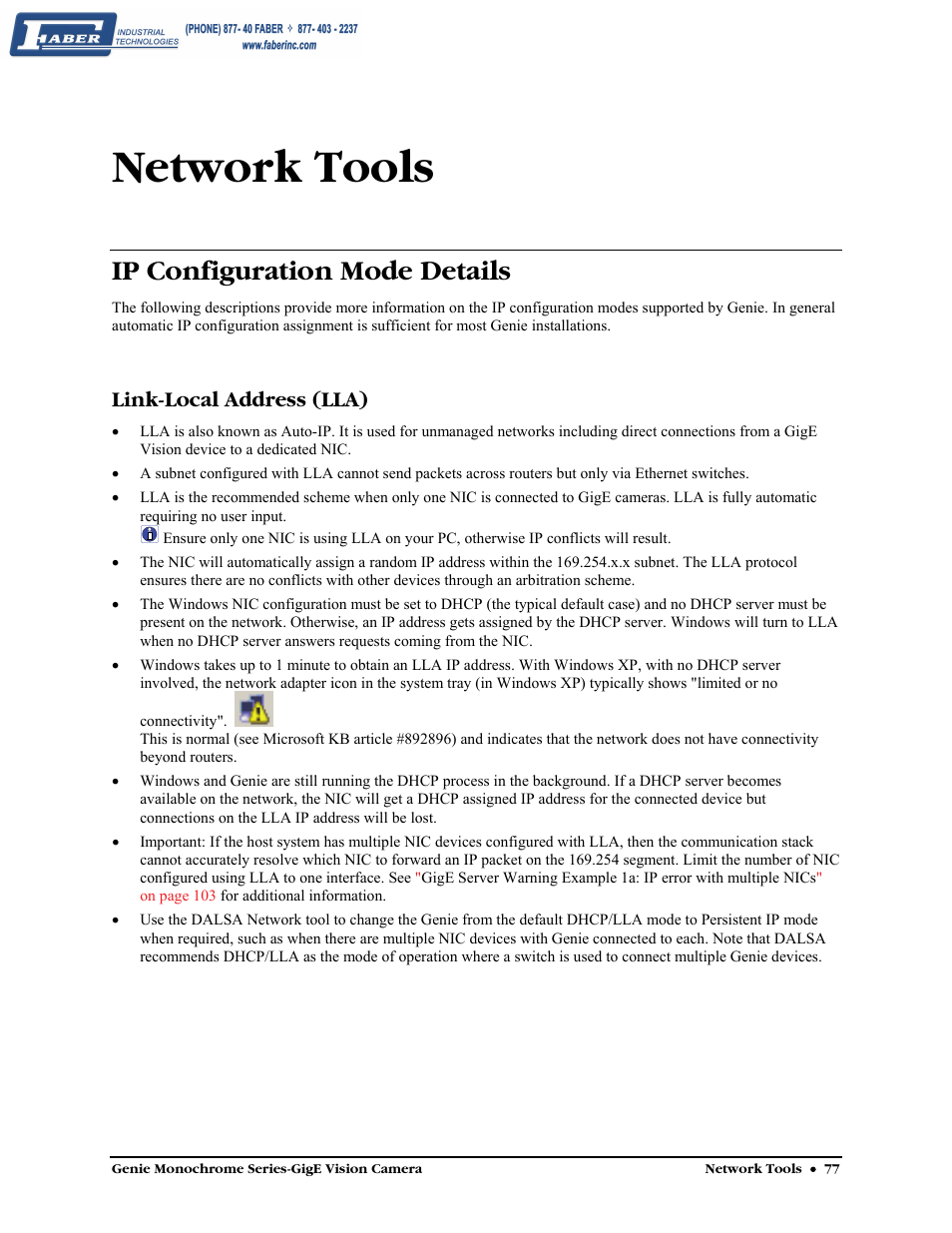 Network tools, Ip configuration mode details, Link-local address (lla) | Ip configuration mode, Details | Faber Genie M1600 User Manual | Page 79 / 127