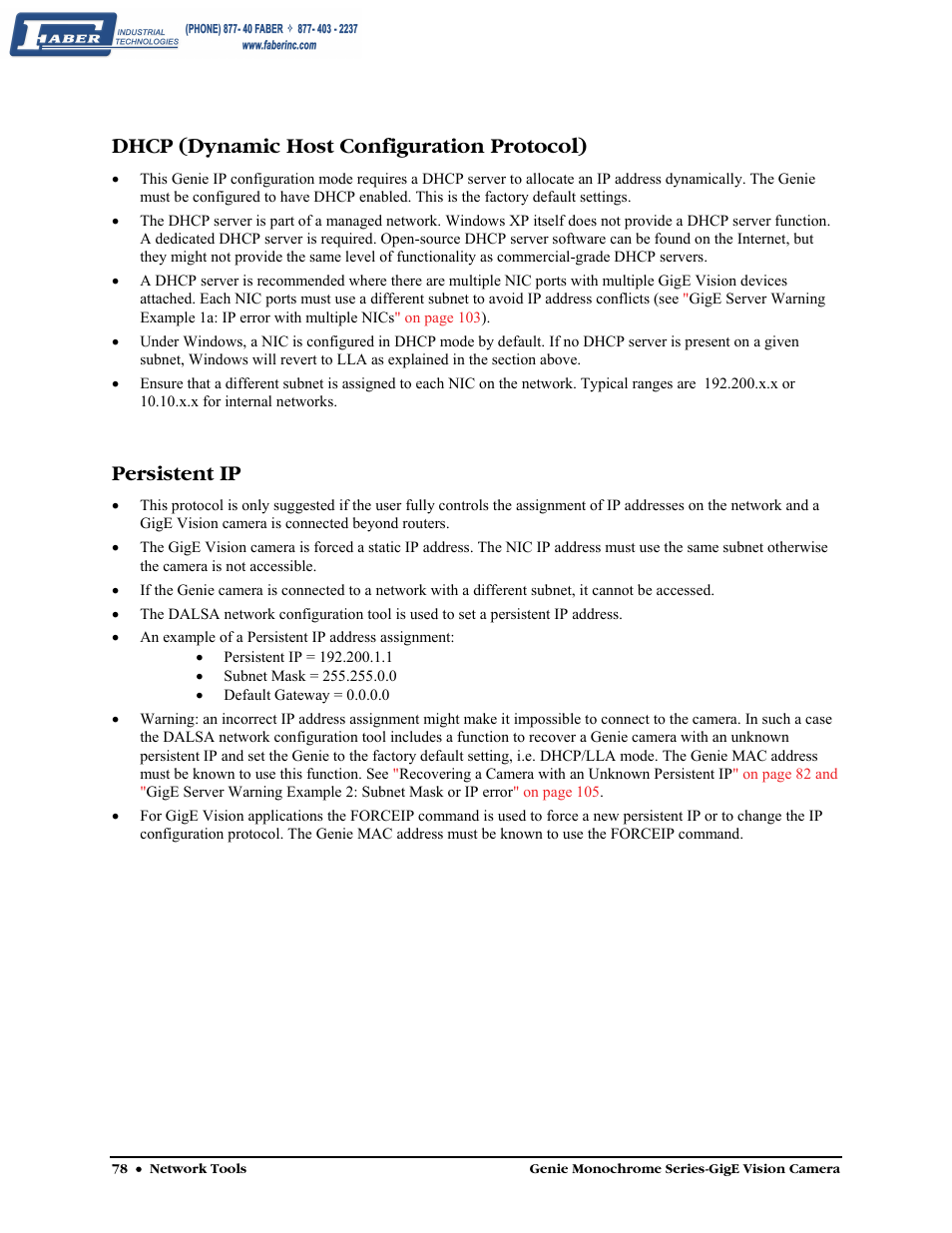 Dhcp (dynamic host configuration protocol), Persistent ip | Faber Genie M1600 User Manual | Page 80 / 127