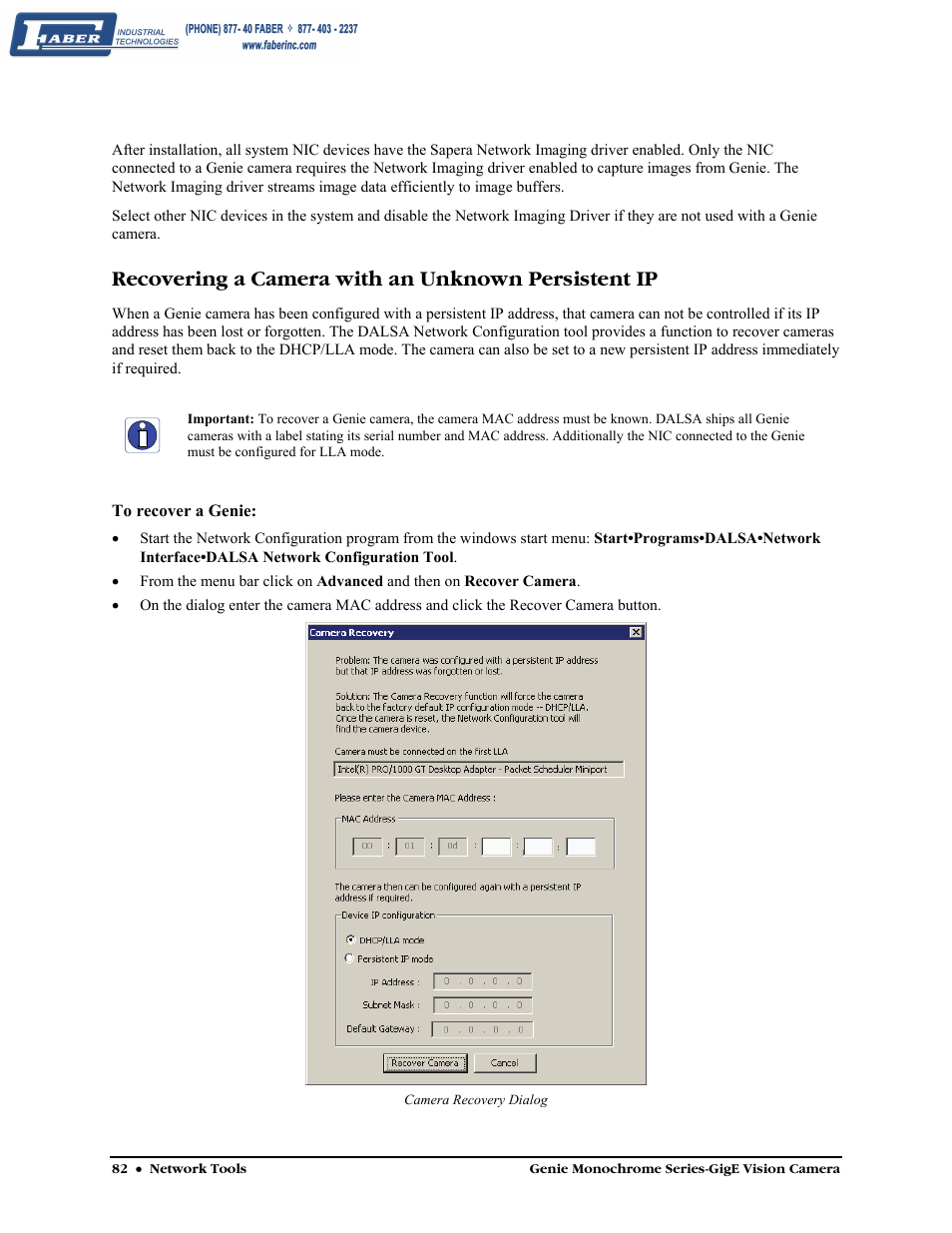 Recovering a camera with an unknown persistent ip | Faber Genie M1600 User Manual | Page 84 / 127