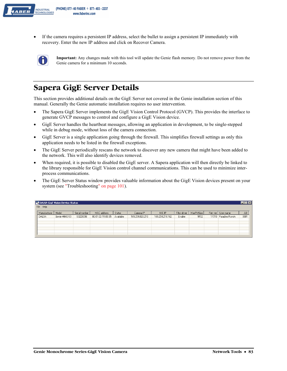 Sapera gige server details | Faber Genie M1600 User Manual | Page 85 / 127