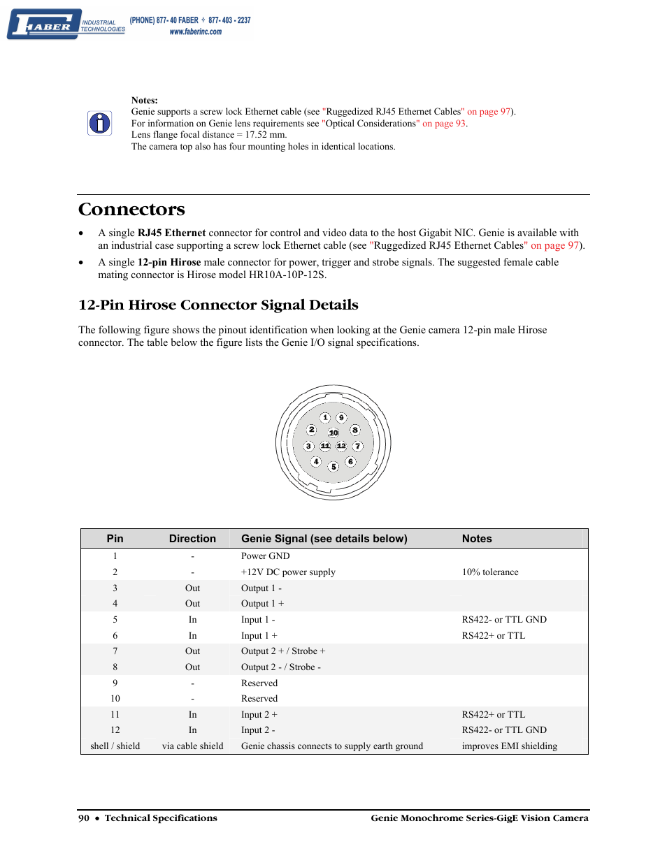 Connectors, Pin hirose connector signal details | Faber Genie M1600 User Manual | Page 92 / 127