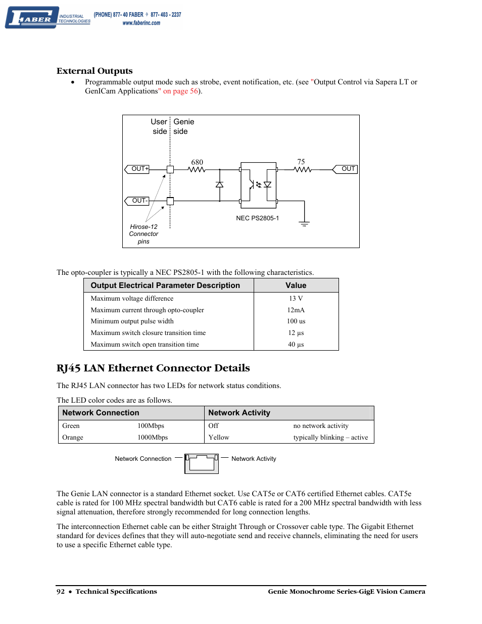 External outputs, Rj45 lan ethernet connector details | Faber Genie M1600 User Manual | Page 94 / 127