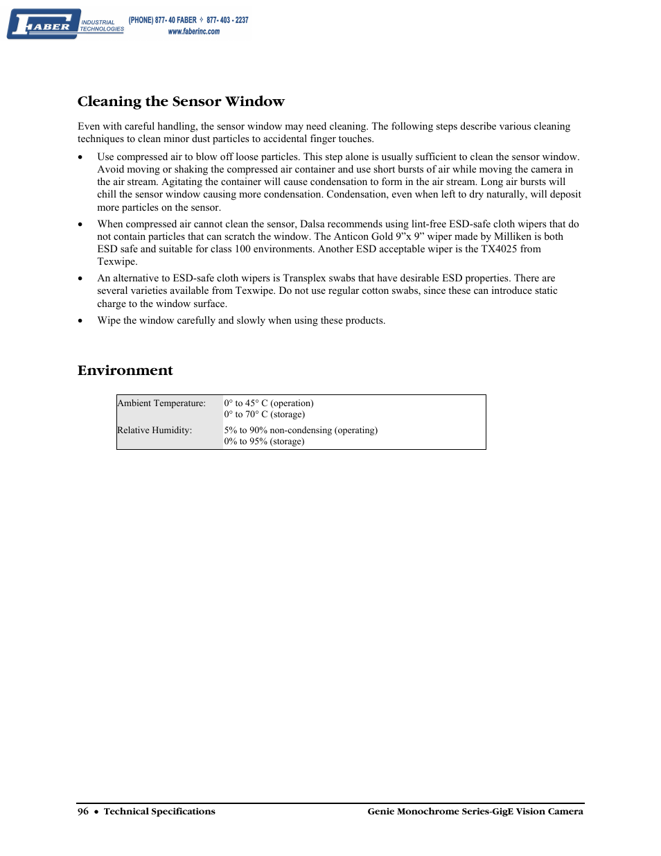 Cleaning the sensor window, Environment | Faber Genie M1600 User Manual | Page 98 / 127