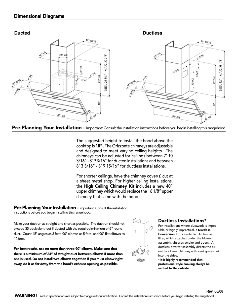 Dimensional diagrams, Pre-planning your installation | Faber Orizzonte 620000362 User Manual | Page 2 / 2