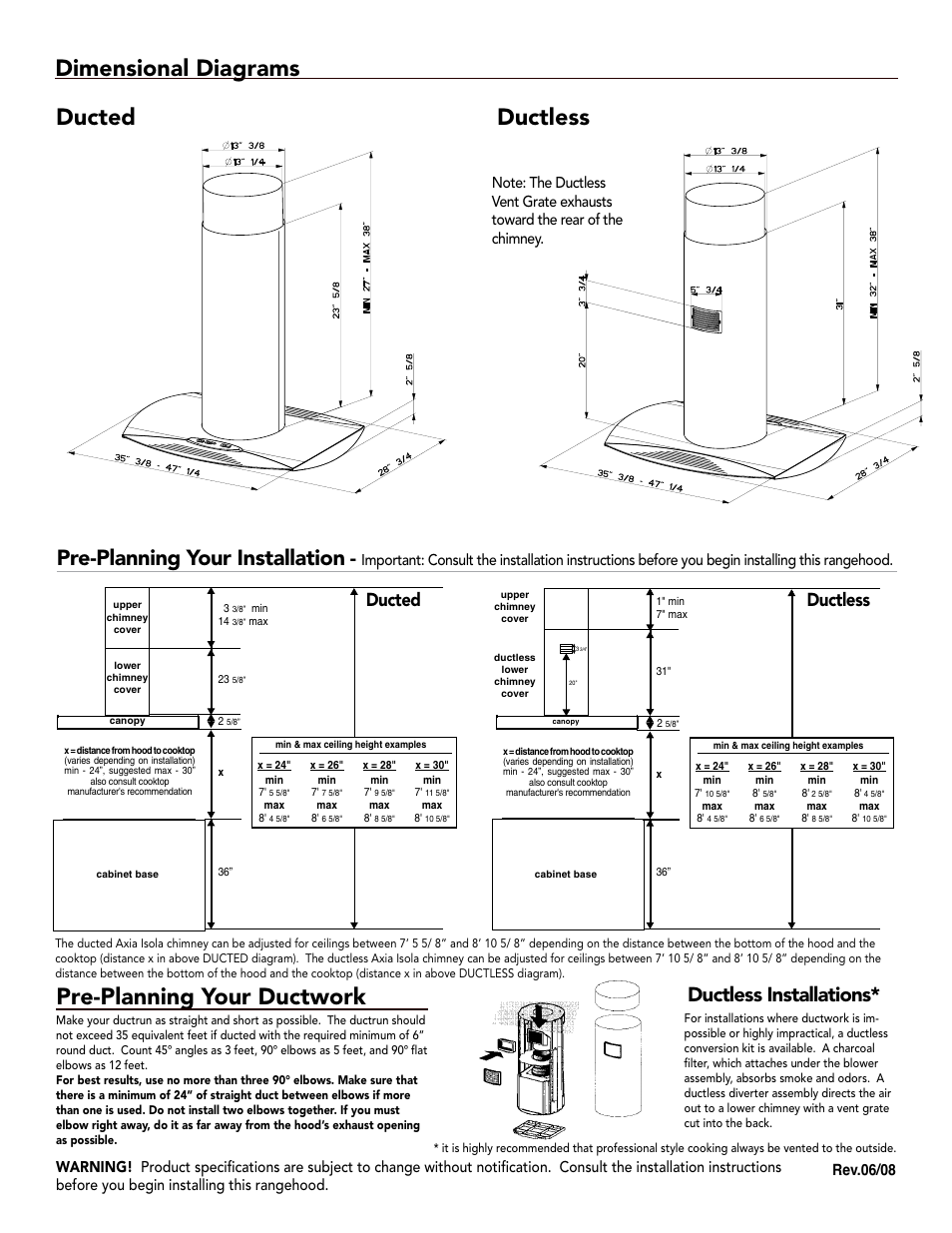 Pre-planning your ductwork, Dimensional diagrams, Ducted ductless | Pre-planning your installation, Ductless installations, Ducted, Ductless | Faber 630000815 User Manual | Page 2 / 2