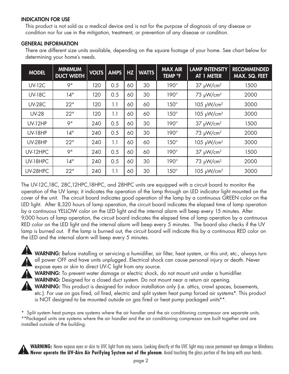 Field Controls UV-18HPC User Manual | Page 2 / 12