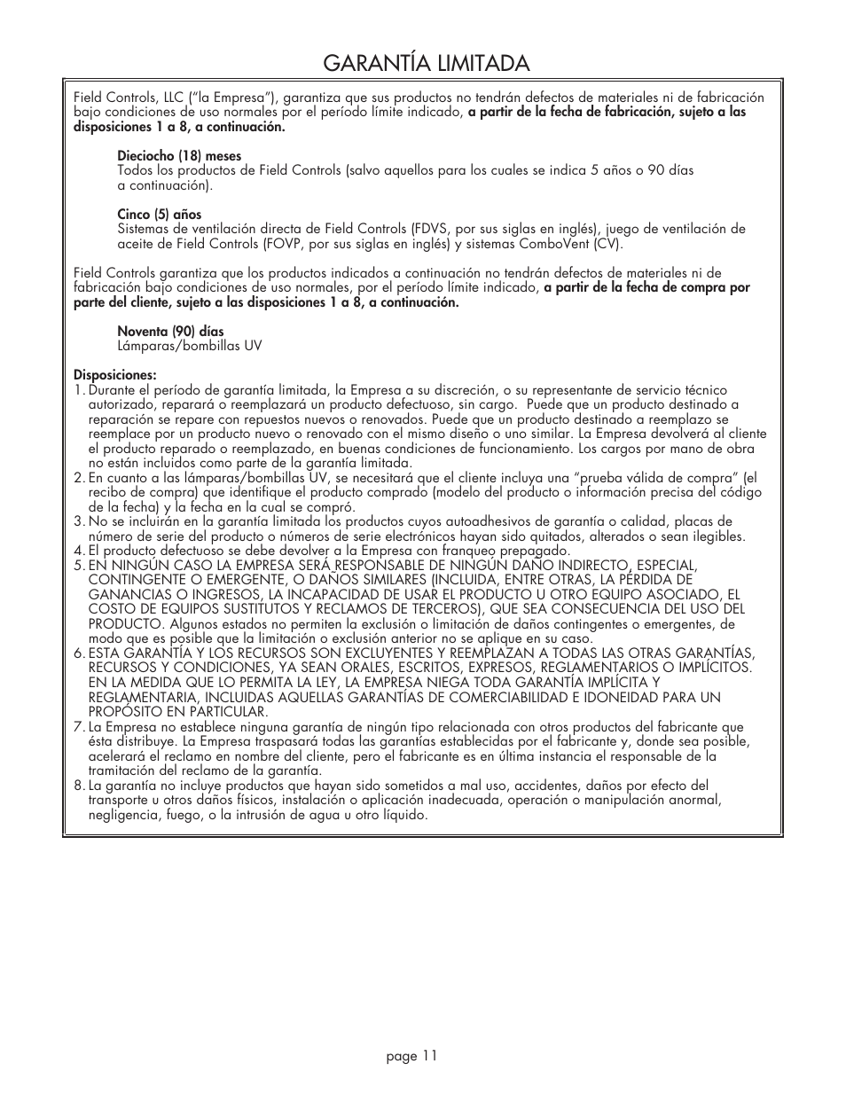 Garantía limitada | Field Controls Eliminator EL-1R User Manual | Page 11 / 12