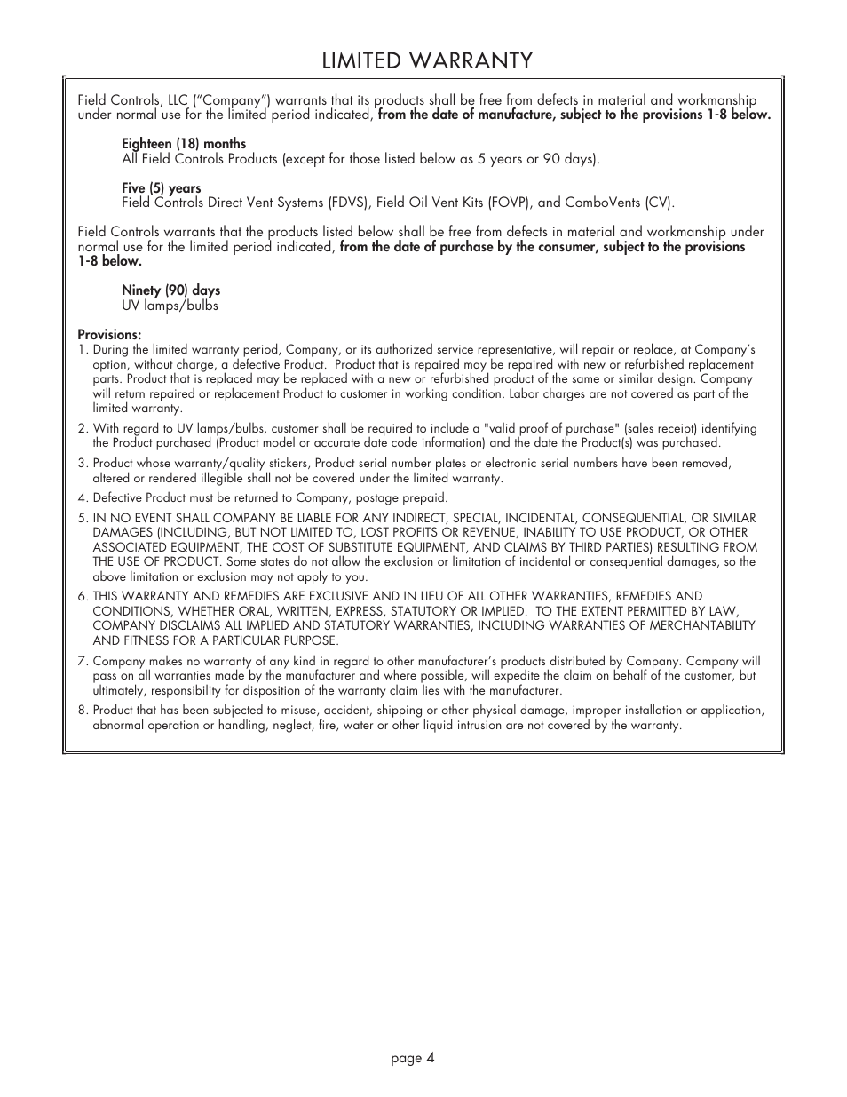 Limited warranty | Field Controls Eliminator EL-1R User Manual | Page 4 / 12