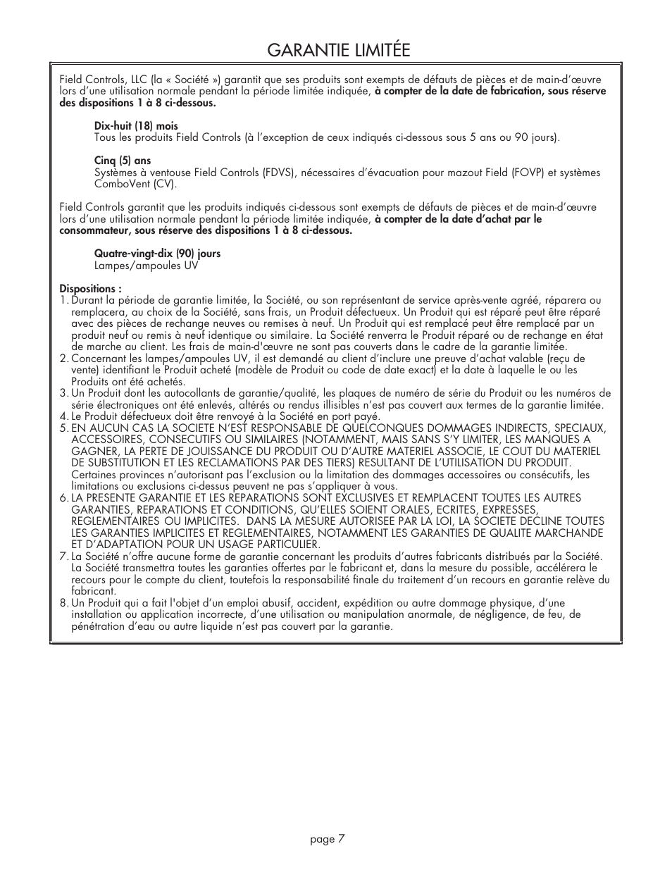 Garantie limitée | Field Controls Eliminator EL-1R User Manual | Page 7 / 12