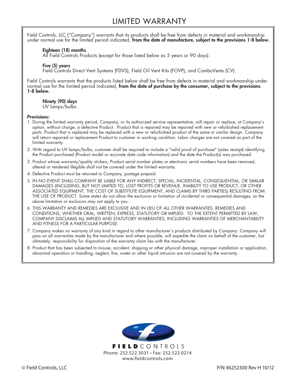 Limited warranty | Field Controls SWGII-6 User Manual | Page 4 / 4