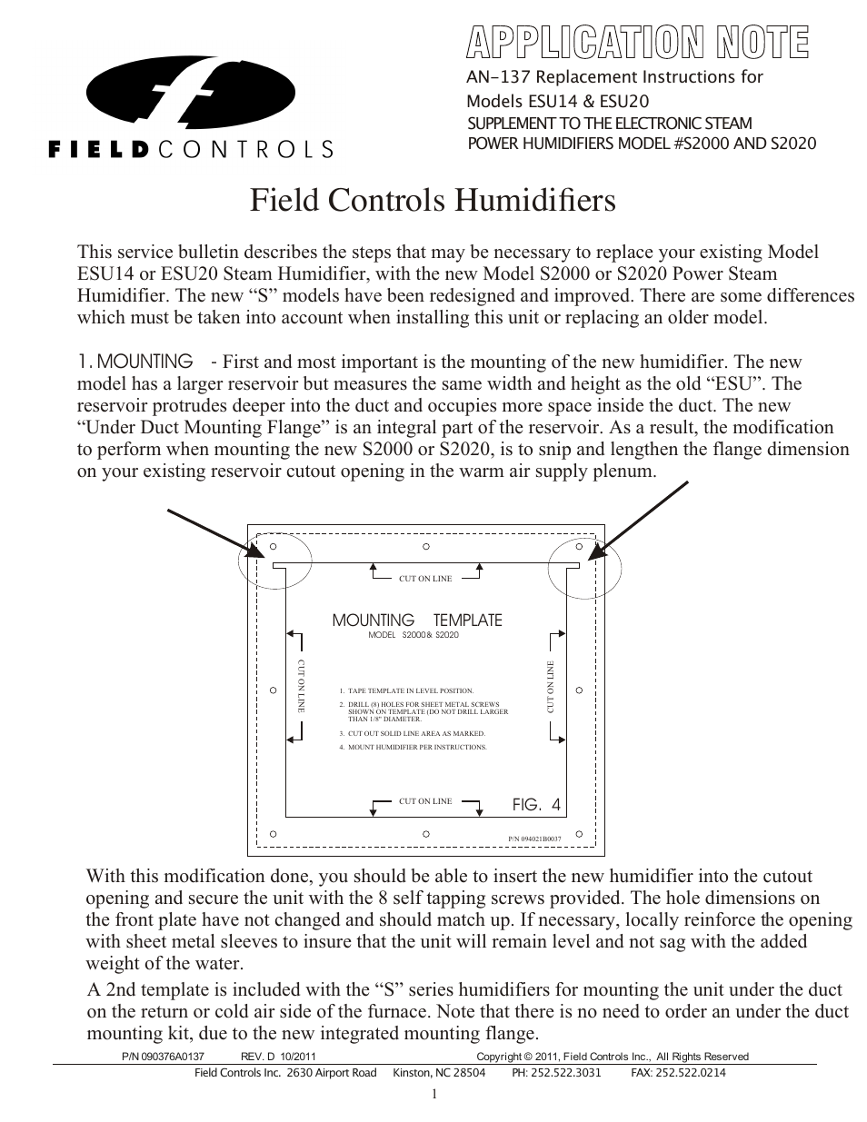 Field Controls ESU14 User Manual | 3 pages