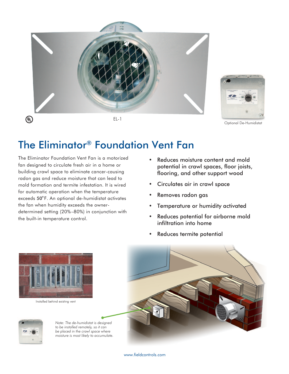 The eliminator, Foundation vent fan | Field Controls Eliminator User Manual | Page 2 / 4