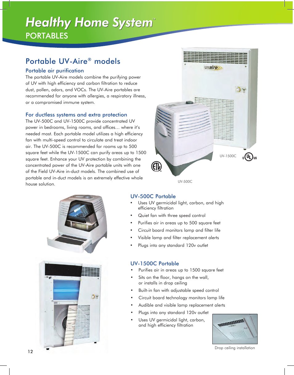 Portables, Portable uv-aire, Models | Field Controls IAQ11 User Manual | Page 12 / 16