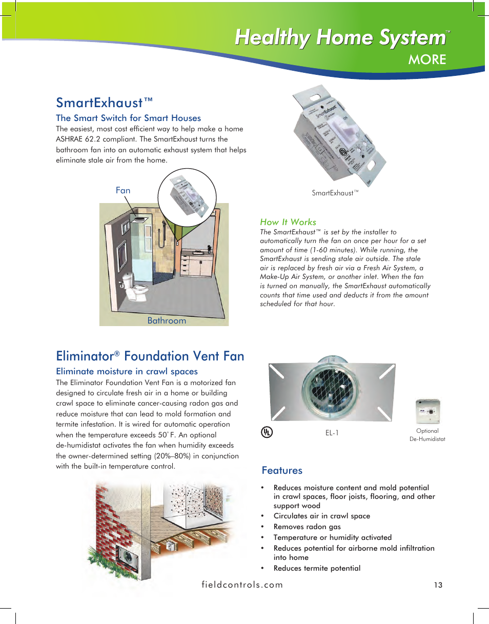 Eliminator, Foundation vent fan smartexhaust, More | Features | Field Controls IAQ11 User Manual | Page 13 / 16