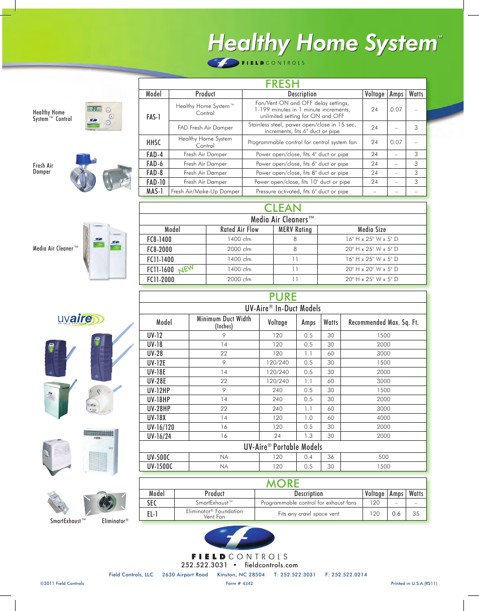 Pure, Clean, Fresh | More, Uv-aire, In-duct models, Portable models, Media air cleaners | Field Controls IAQ11 User Manual | Page 16 / 16