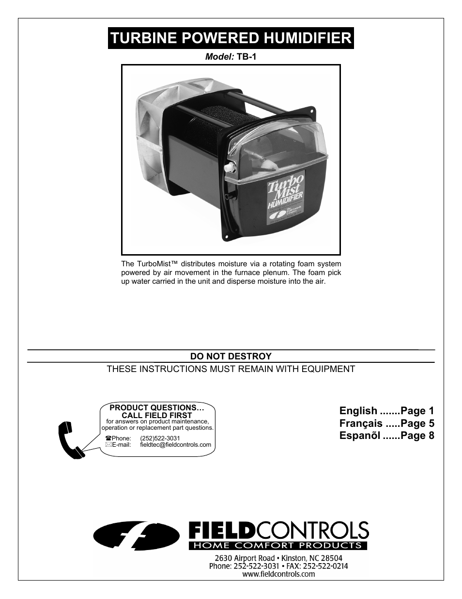 Field Controls TURBINE TB-1 User Manual | 12 pages