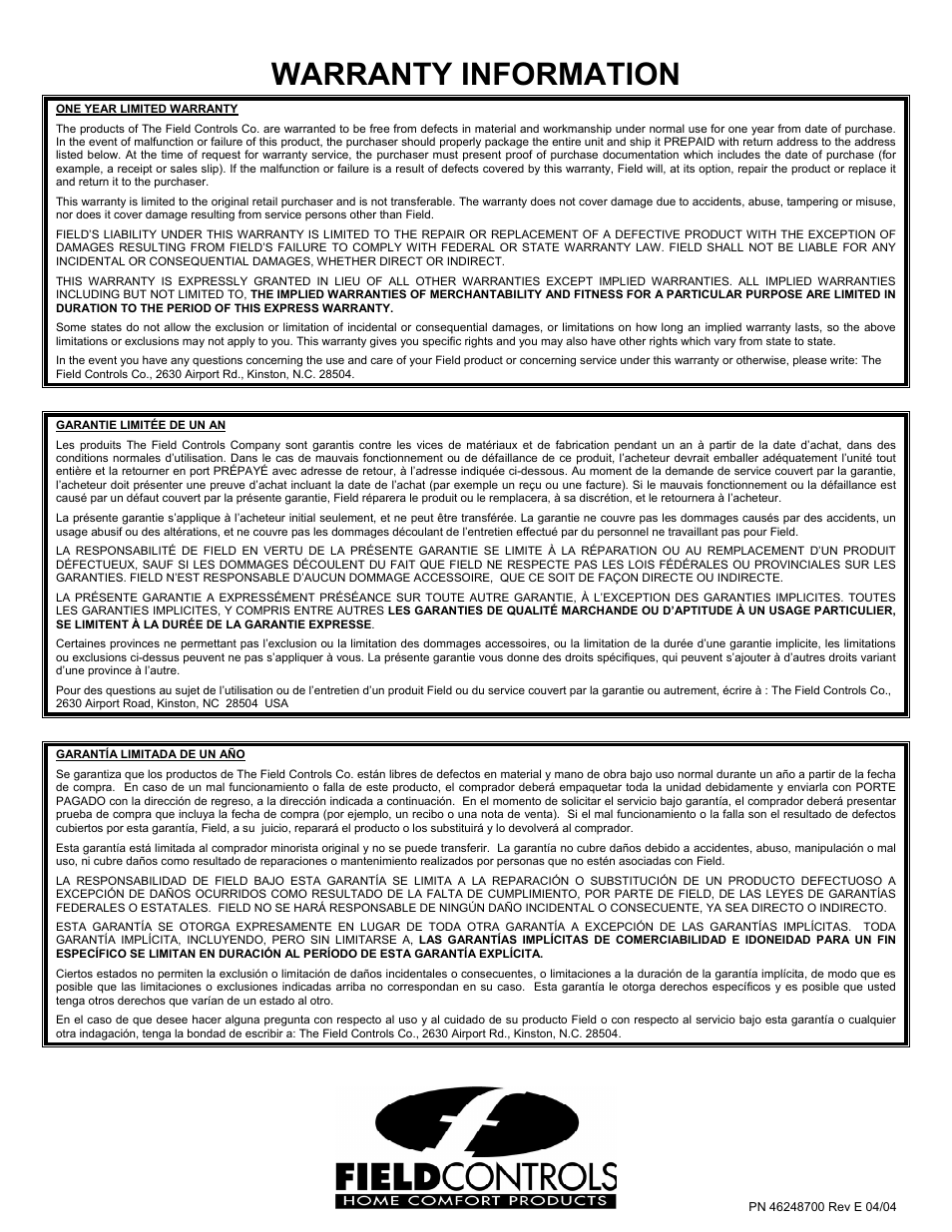 Warranty information | Field Controls TURBINE TB-1 User Manual | Page 12 / 12