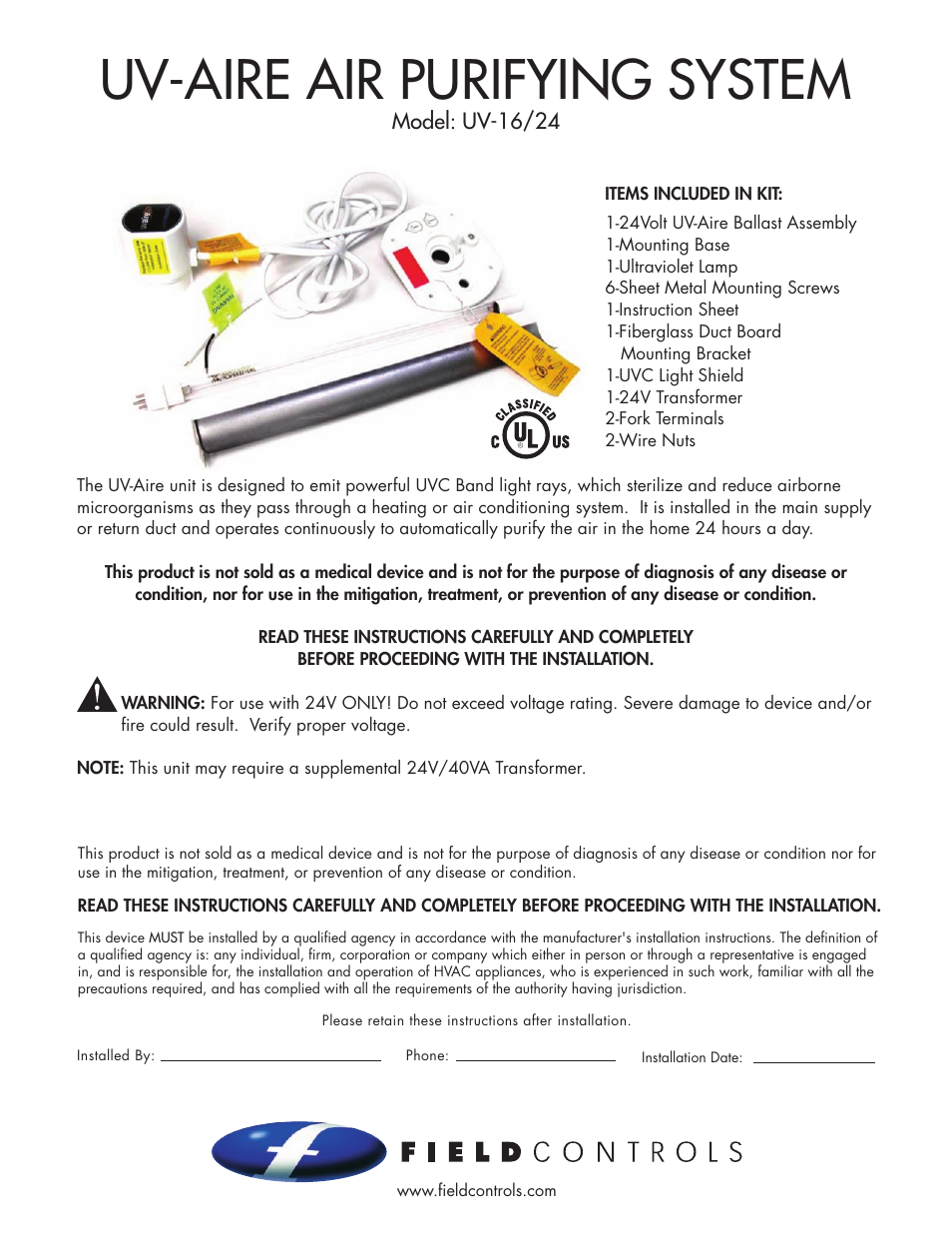 Field Controls UV-16/24 User Manual | 8 pages