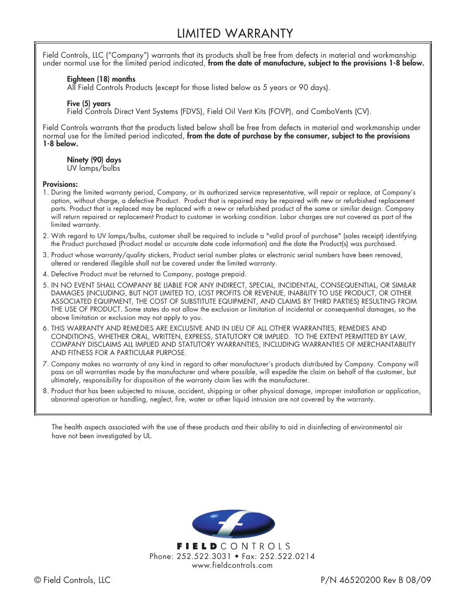 Limited warranty | Field Controls UV-16/24 User Manual | Page 8 / 8