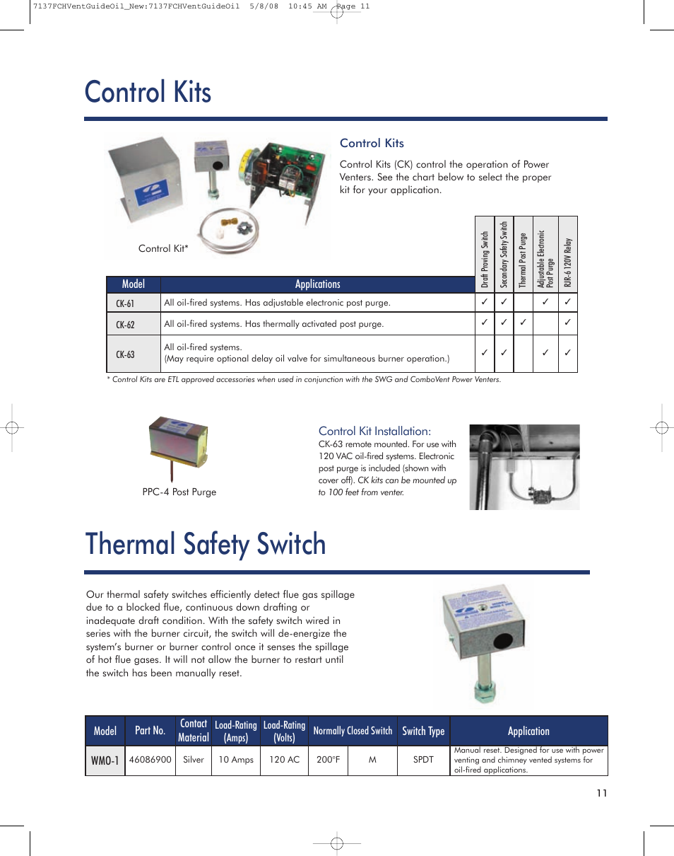 Control kits, Thermal safety switch, Model applications | Control kit installation, Model part no. contact material, Switch type application wmo-1 | Field Controls Oil Venting Systems User Manual | Page 10 / 14