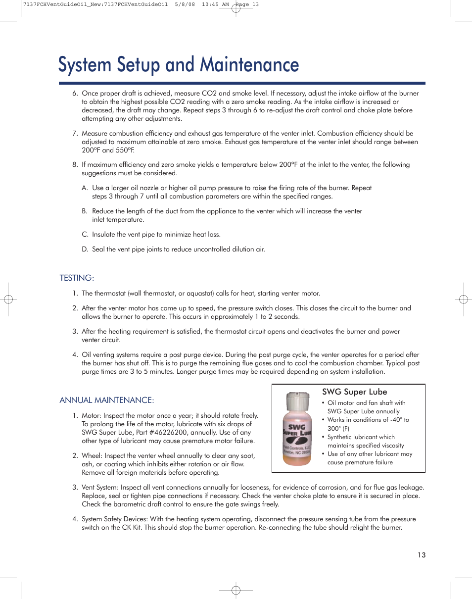 System setup and maintenance | Field Controls Oil Venting Systems User Manual | Page 12 / 14