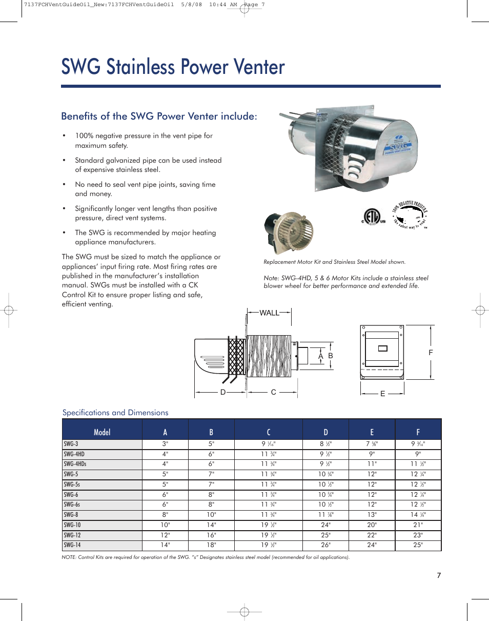 Swg stainless power venter, Benefits of the swg power venter include, Specifications and dimensions | Field Controls Oil Venting Systems User Manual | Page 6 / 14