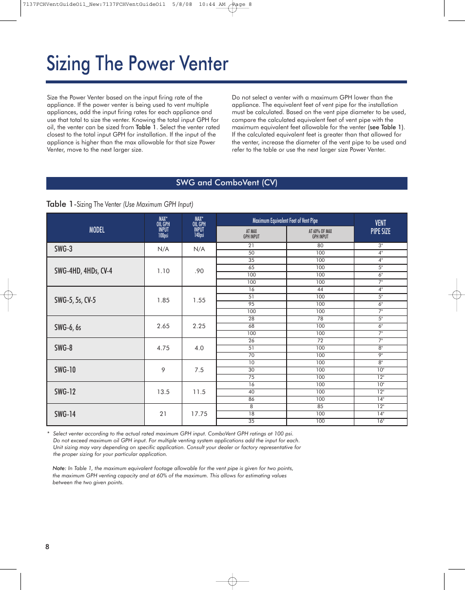 Sizing the power venter, Swg and combovent (cv) model, Vent pipe size | Swg-3, Swg-4hd, 4hds, cv-4, Swg-5, 5s, cv-5, Swg-6, 6s, Swg-8, Swg-10, Swg-12 | Field Controls Oil Venting Systems User Manual | Page 7 / 14
