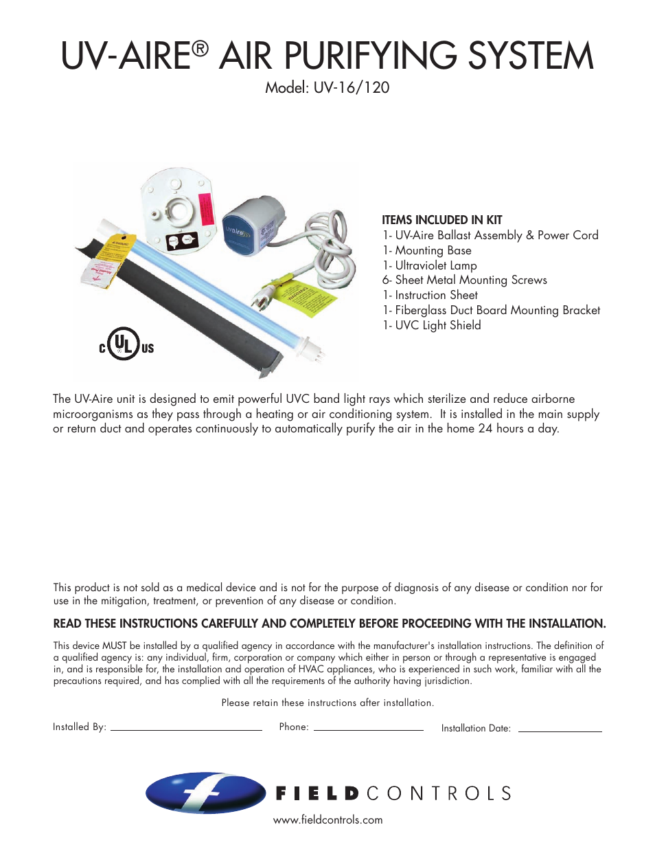 Field Controls UV-Aire UV-16/120 User Manual | 8 pages