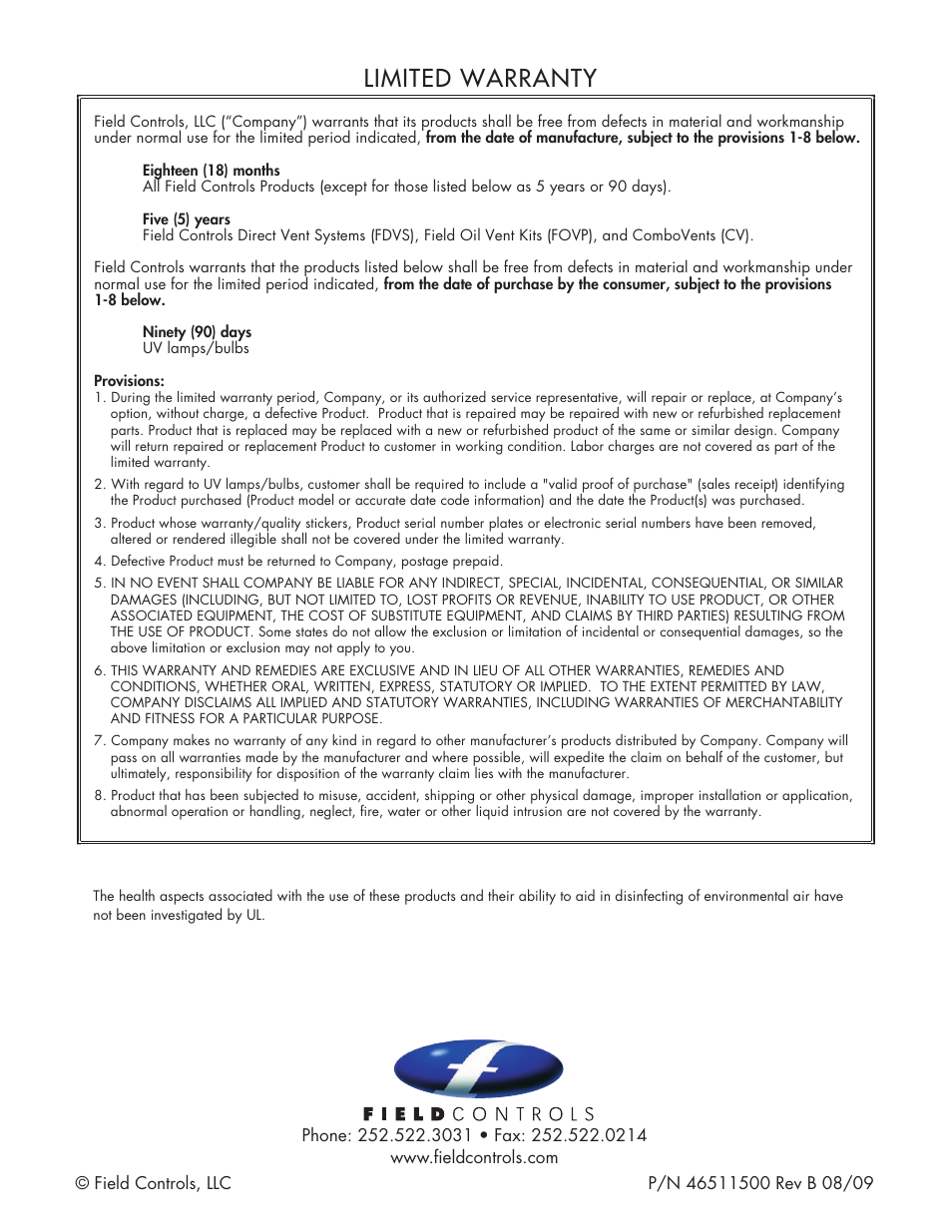 Limited warranty | Field Controls UV-Aire UV-16/120 User Manual | Page 8 / 8