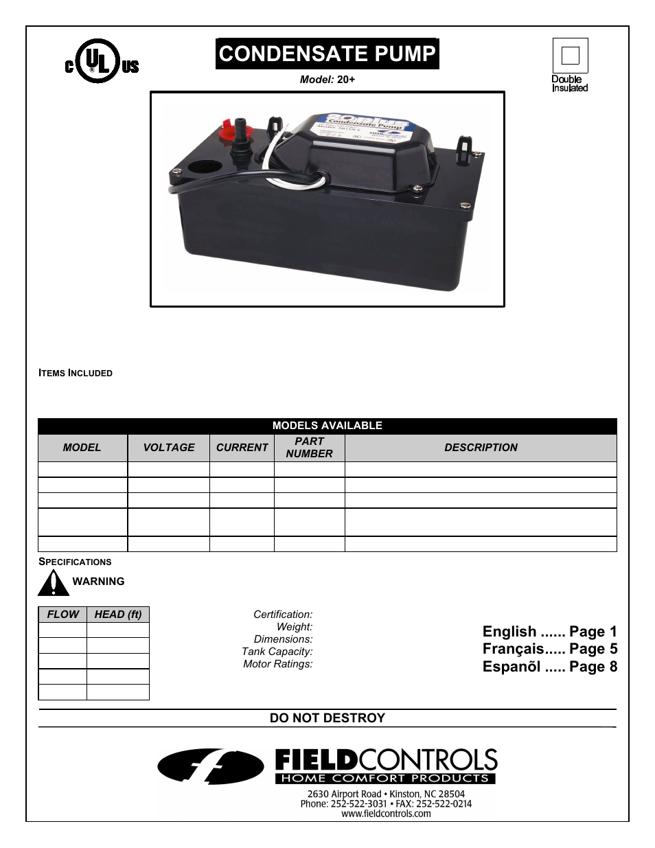 Field Controls 20+UL User Manual | 12 pages