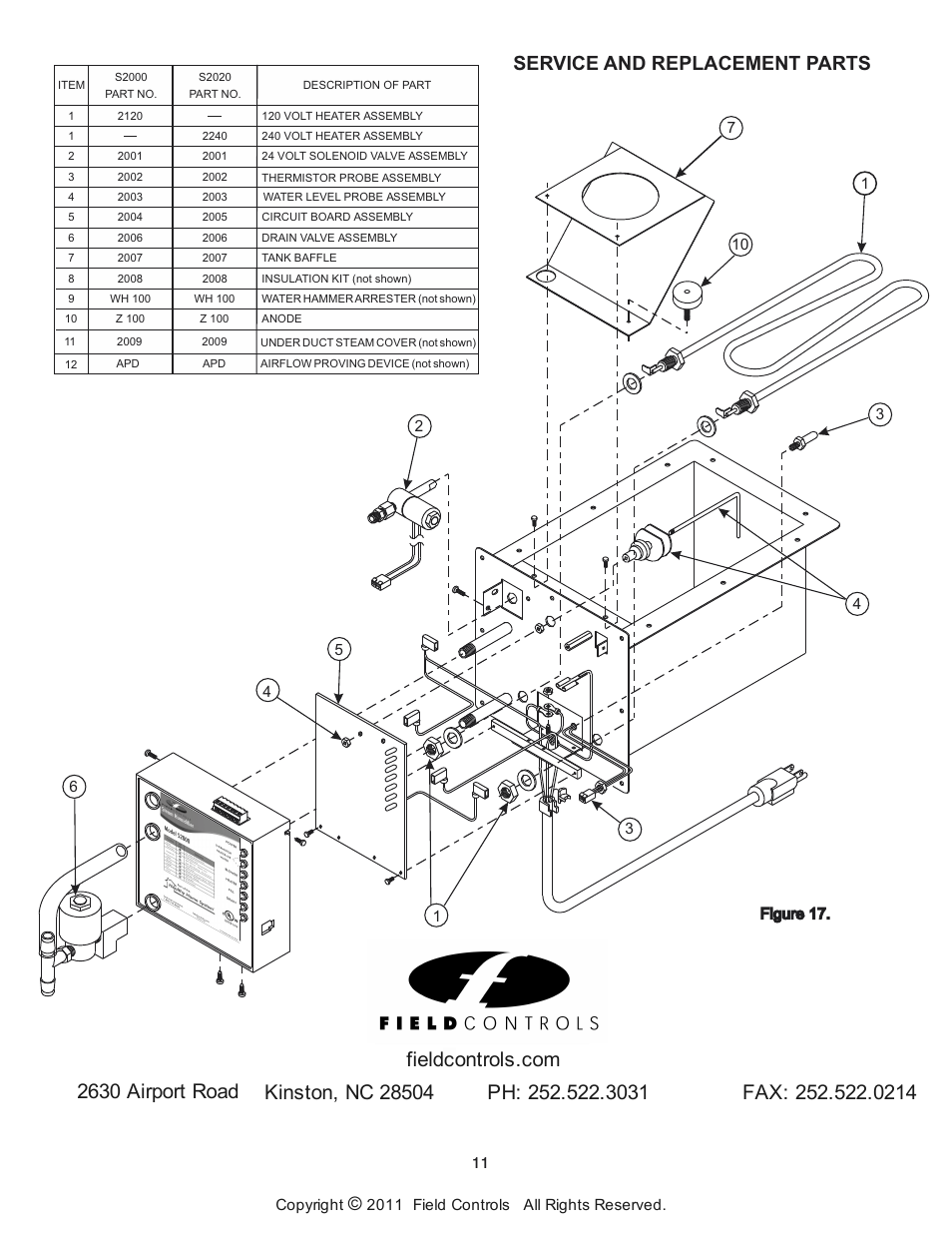 Service and replacement parts, Copyright, 2011 field controls all rights reserved | Field Controls Electronic Steam Unit - Power S2000 User Manual | Page 11 / 16