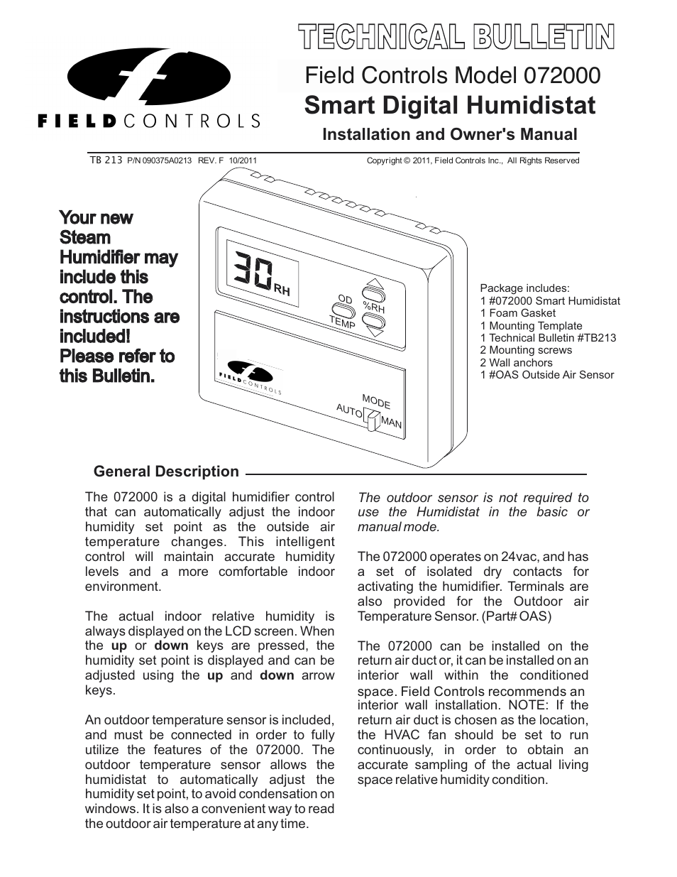 Technical bulletin, Smart digital humidistat, Installation and owner's manual | Field Controls Electronic Steam Unit - Power S2000 User Manual | Page 13 / 16