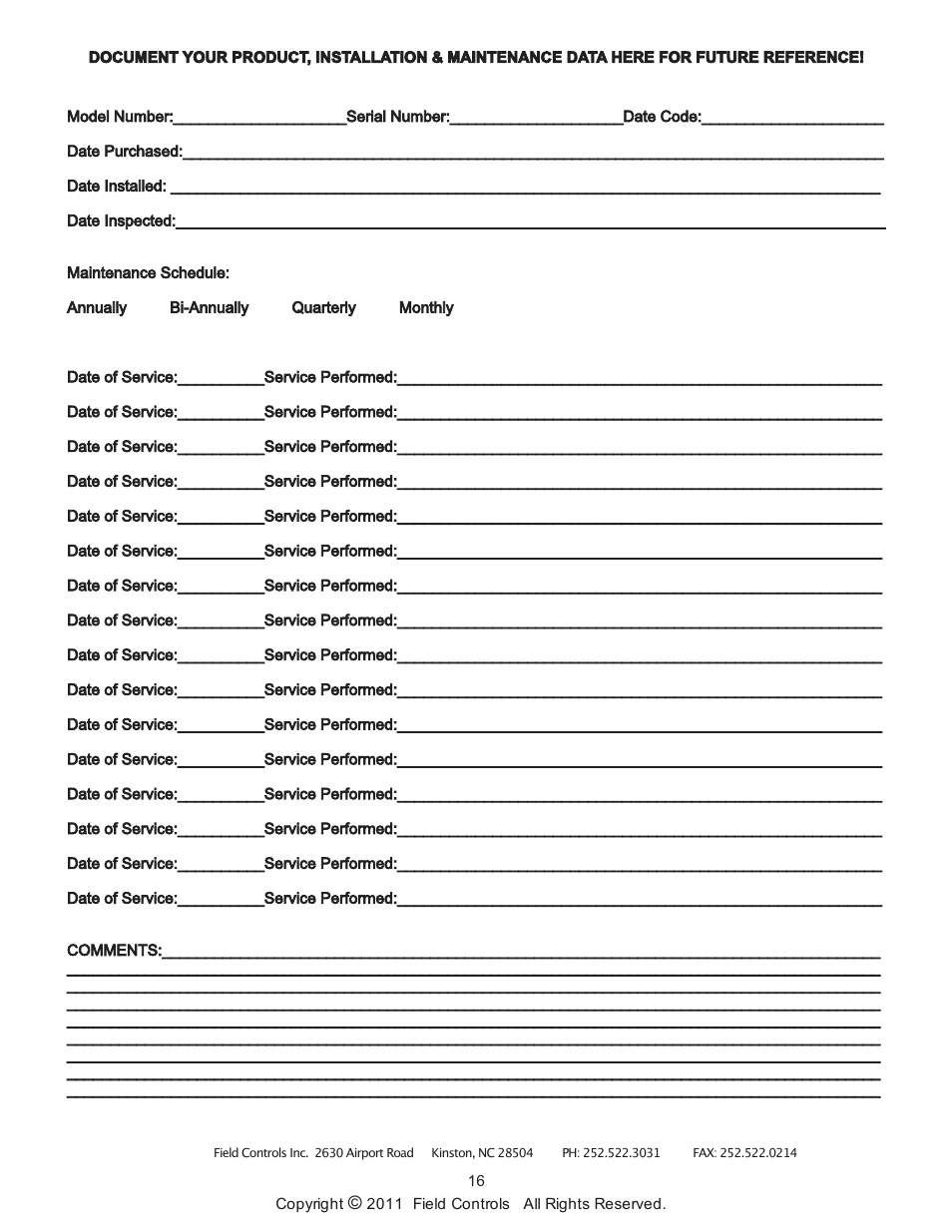 Field Controls Electronic Steam Unit - Power S2000 User Manual | Page 16 / 16