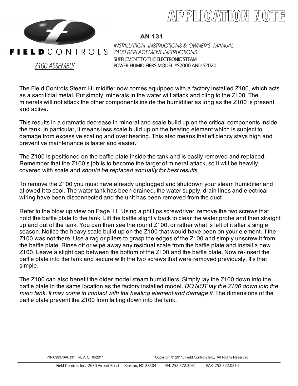 Field Controls z100 User Manual | 1 page
