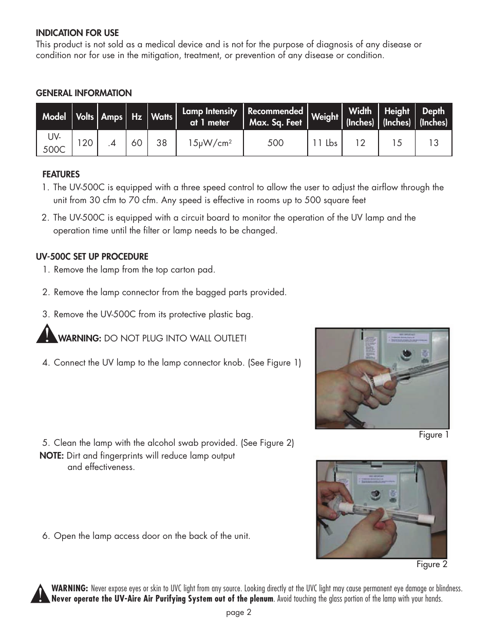Field Controls UV-Aire Air Purifying System UV-500C User Manual | Page 2 / 8