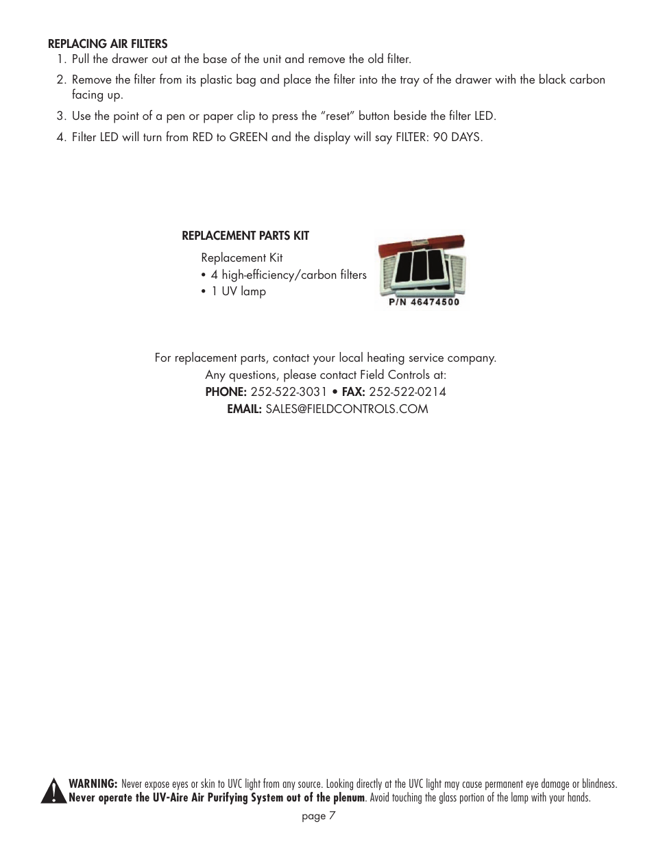 Field Controls UV-Aire Air Purifying System UV-500C User Manual | Page 7 / 8