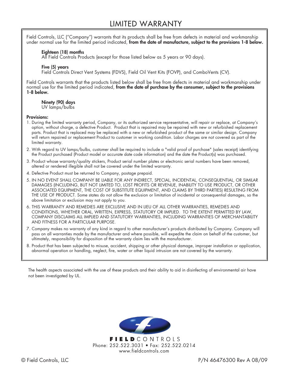 Limited warranty | Field Controls UV-Aire Air Purifying System UV-500C User Manual | Page 8 / 8