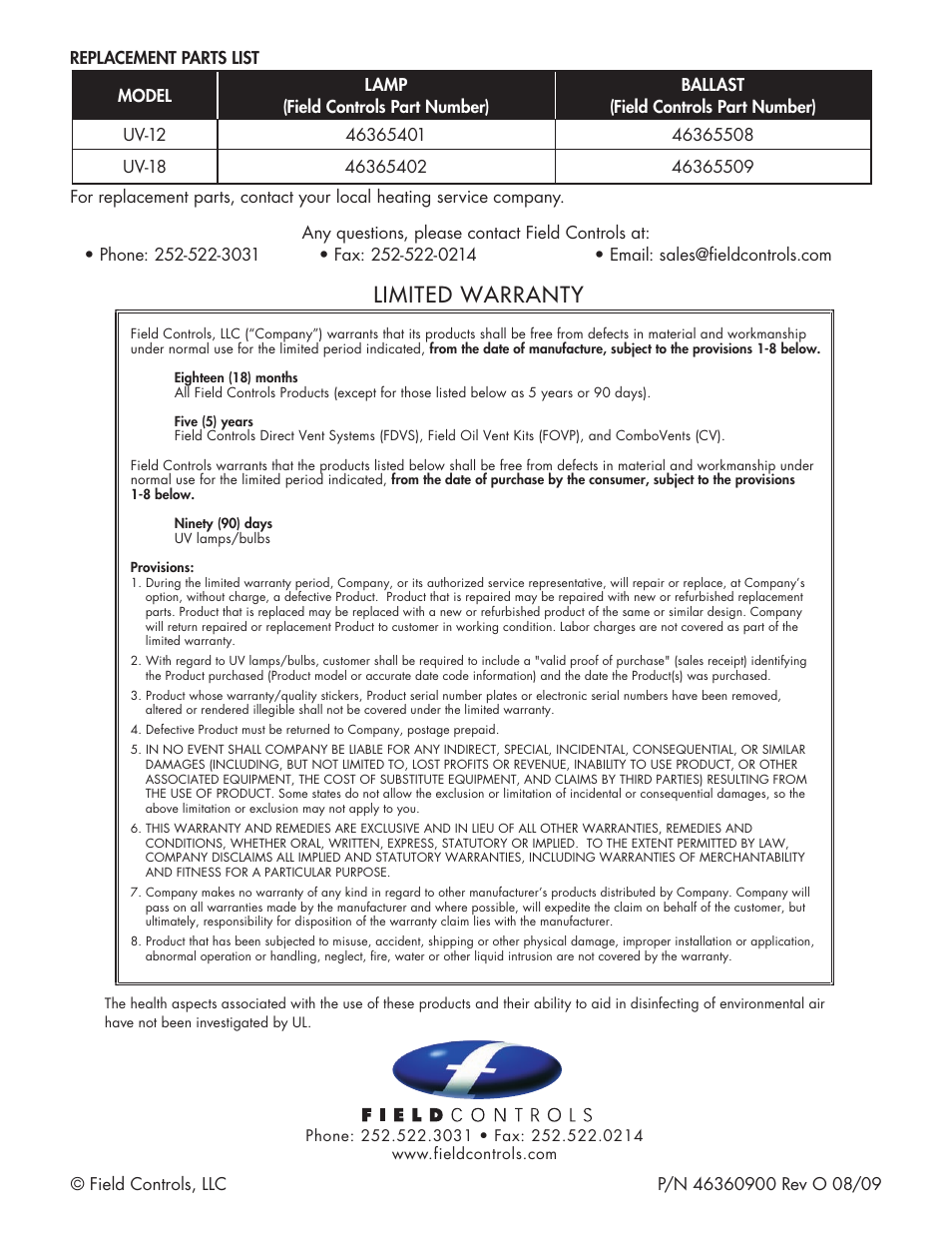 Limited warranty | Field Controls UV-12 User Manual | Page 8 / 8