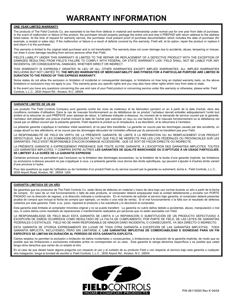 Warranty information | Field Controls TB26TB User Manual | Page 12 / 12