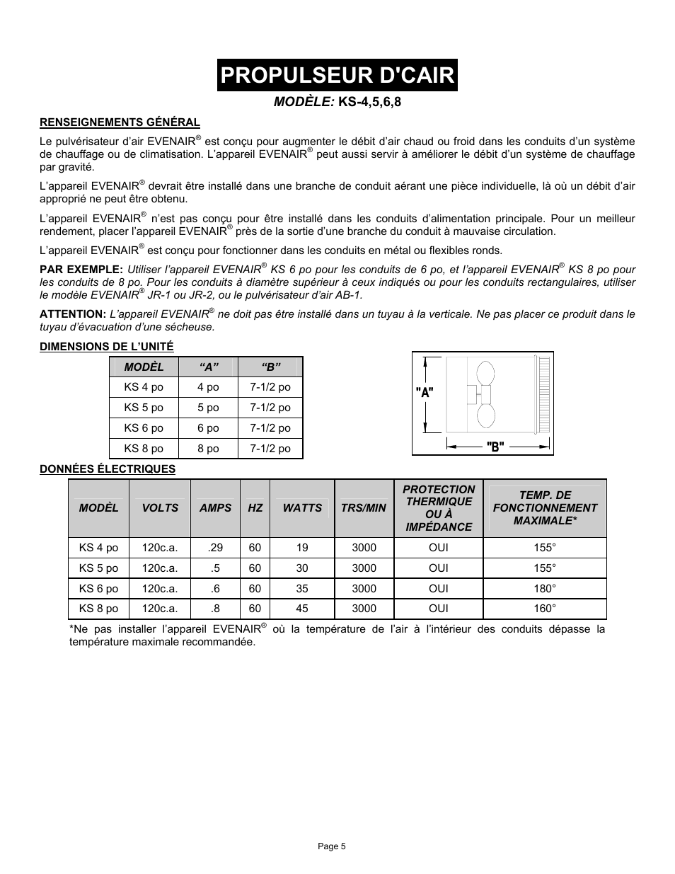 Propulseur d'cair | Field Controls TB26TB User Manual | Page 5 / 12