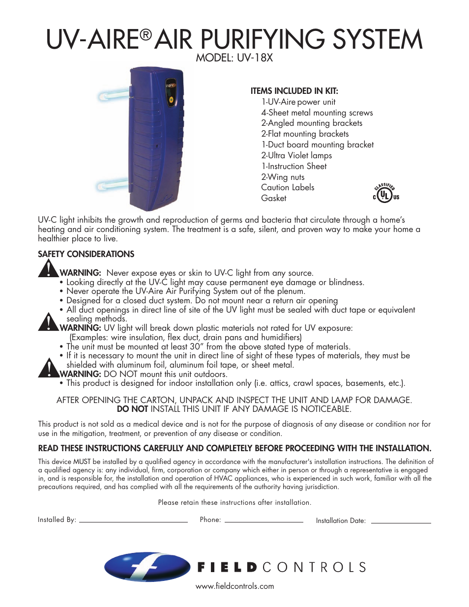 Field Controls UV-18X User Manual | 8 pages