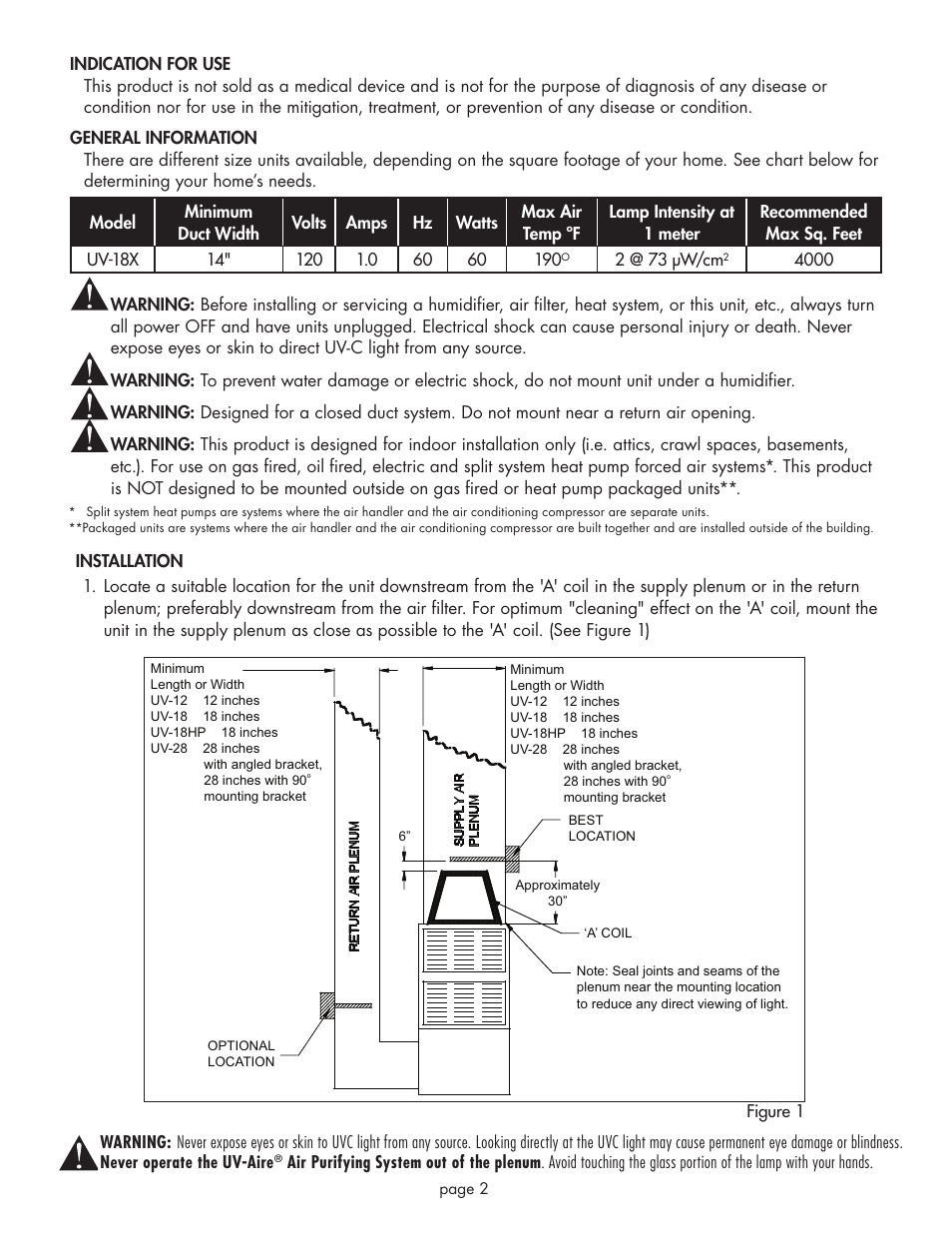 Field Controls UV-18X User Manual | Page 2 / 8