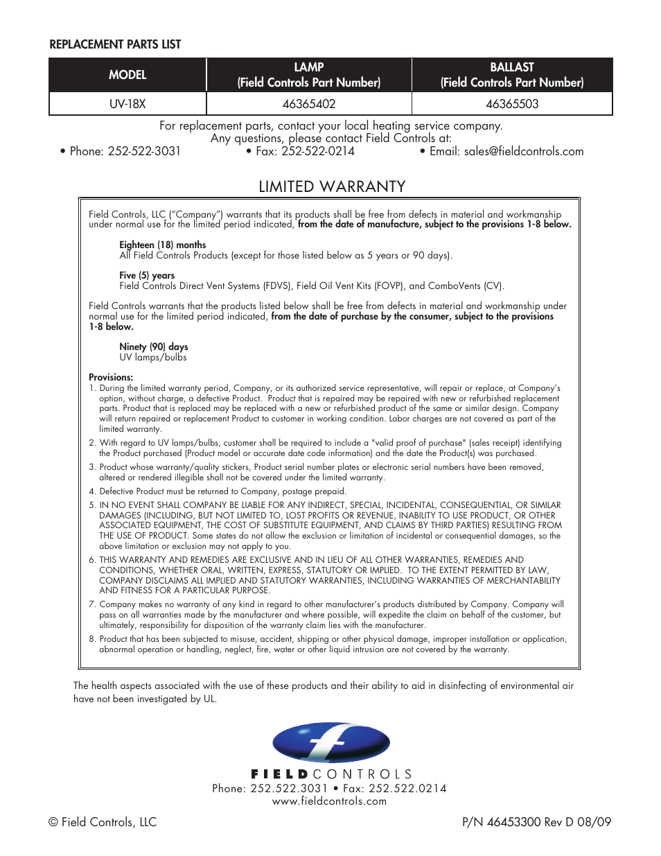 Limited warranty | Field Controls UV-18X User Manual | Page 8 / 8