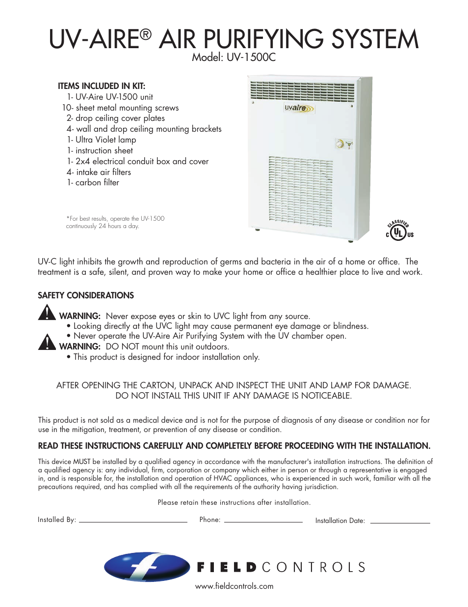 Field Controls UV-AIRE UV-1500C User Manual | 8 pages