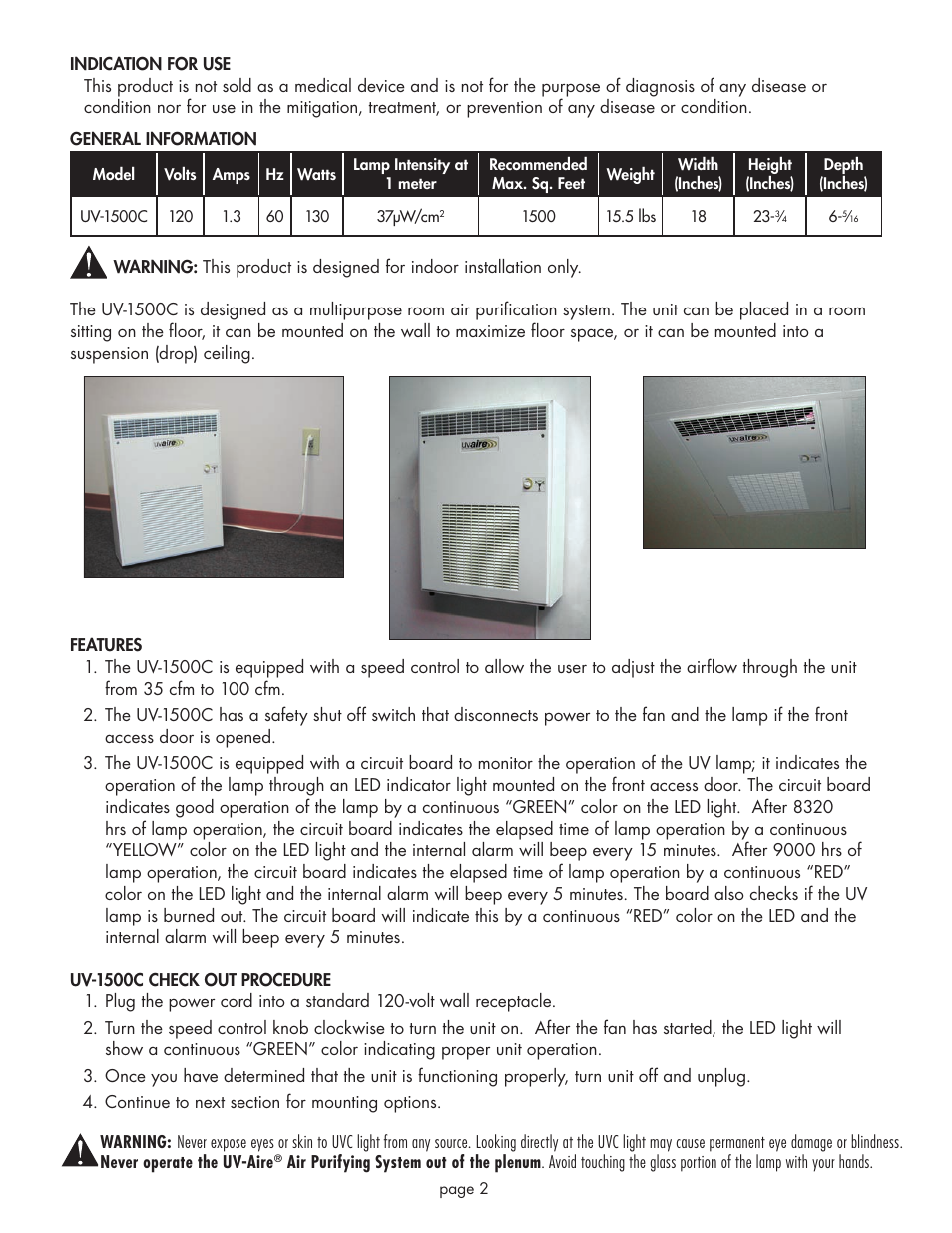 Field Controls UV-AIRE UV-1500C User Manual | Page 2 / 8
