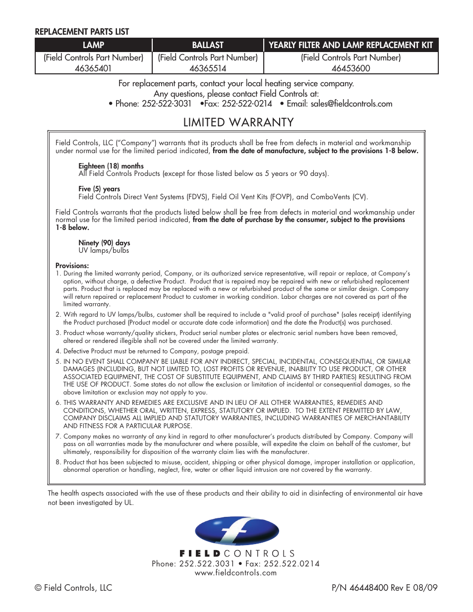 Limited warranty | Field Controls UV-AIRE UV-1500C User Manual | Page 8 / 8