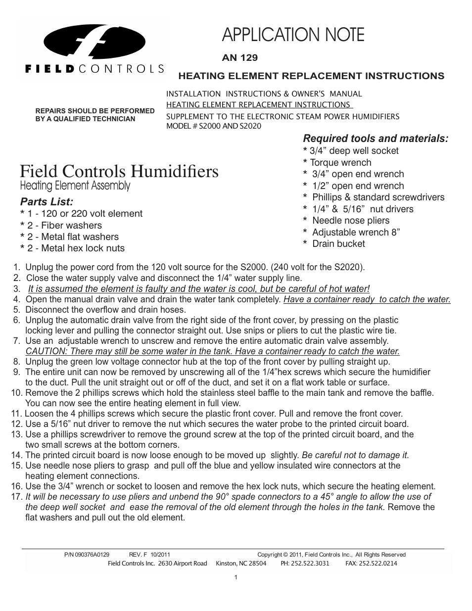 Field Controls S2000 User Manual | 2 pages