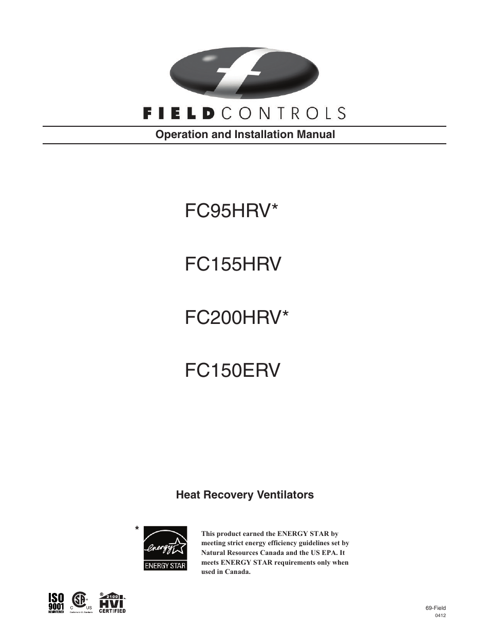 Field Controls Heat Recovery Ventilator FC95HRV. User Manual | 32 pages